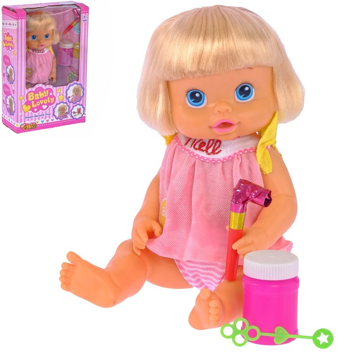 Пупс "Девочка" выдувает мыльные пузыри и дует в дудочку