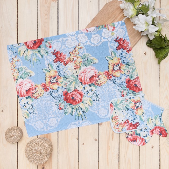 Кухонный набор "Пионы" полотенце 45х60, прихват 17х17, рукав 20х23