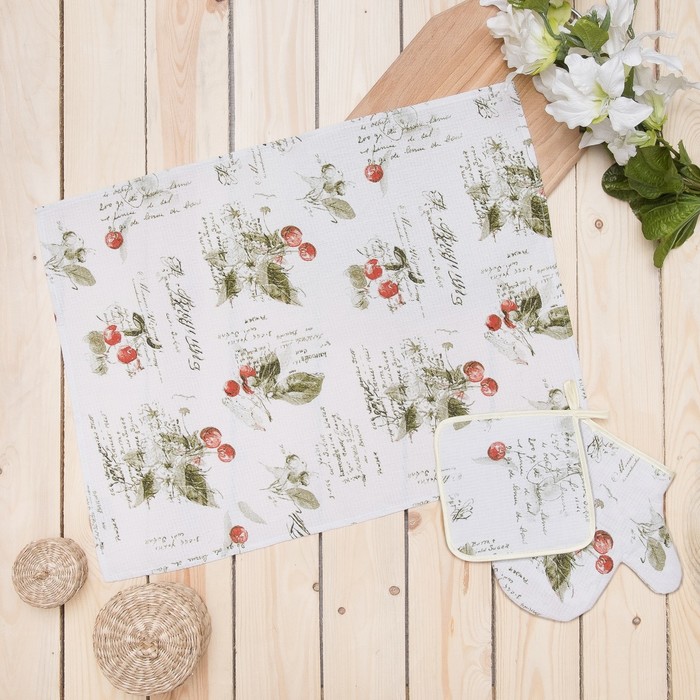 Кухонный набор вафельный "Вишенка" полотенце 45х60, прихватка 17х17, рукавичка 20х23,хл 100% 33128