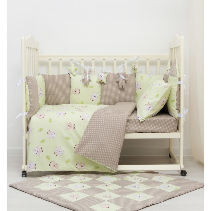 Комплект в кроватку ПРЕМИУМ Совята, 22 предмета, цв салатовый/шоколад, бязь