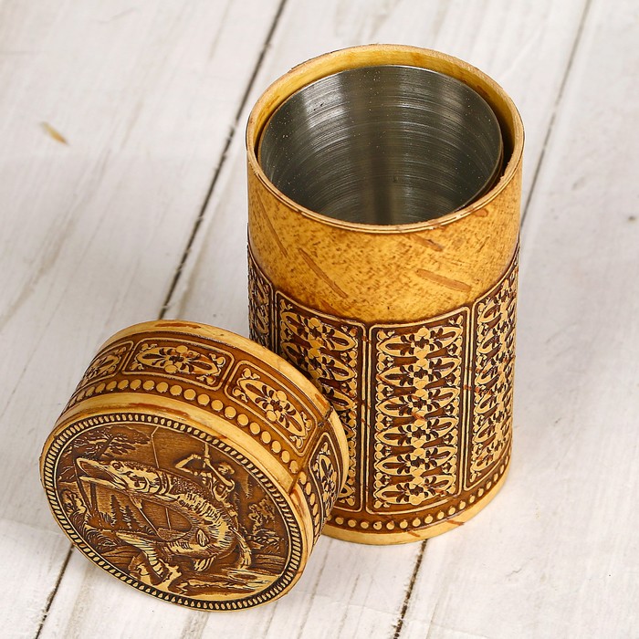 Набор стопок «Рыбалка», в футляре, 4 шт, береста, металл