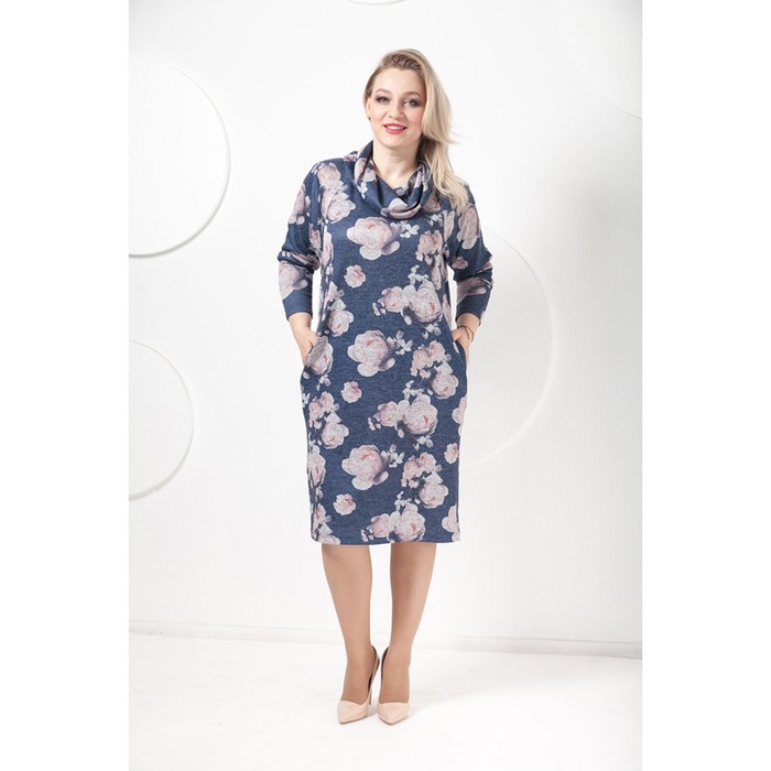 Платье П-395/2 женское, размер 48, цвет темно-синий меланж + принт