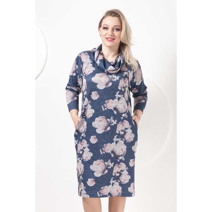 Платье П-395/2 женское, размер 56, цвет темно-синий меланж + принт