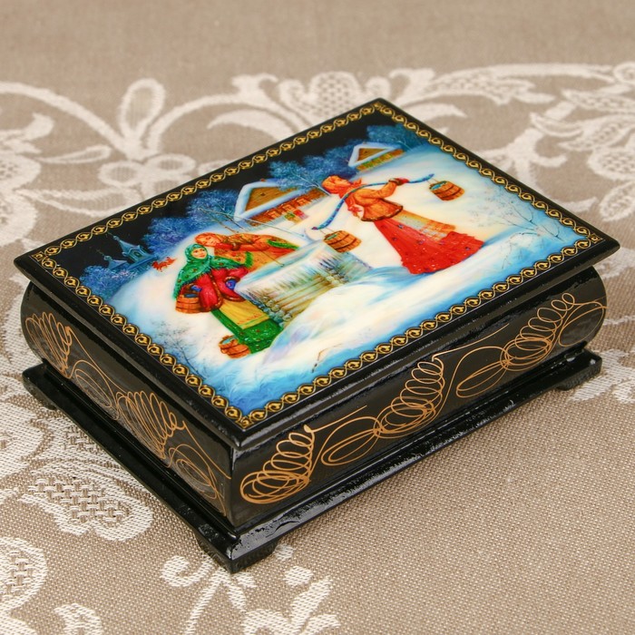 Шкатулка «Жанровая композиция 6», лаковая миниатюра, 8х10,5 см