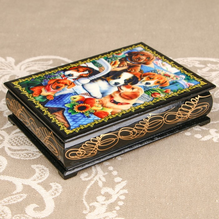 Шкатулка «Собаки 2», лаковая миниатюра, 10х14 см