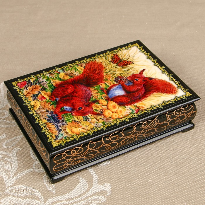 Шкатулка «Белочки 2», лаковая миниатюра, 10х14 см