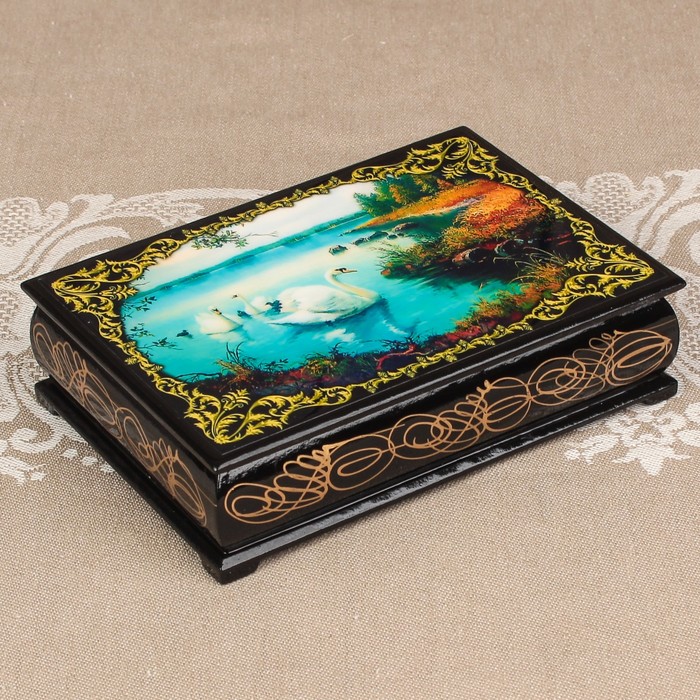 Шкатулка «Лебеди 2», лаковая миниатюра, 10х14 см