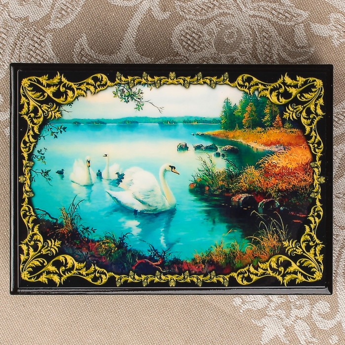 Шкатулка «Лебеди 2», лаковая миниатюра, 10х14 см