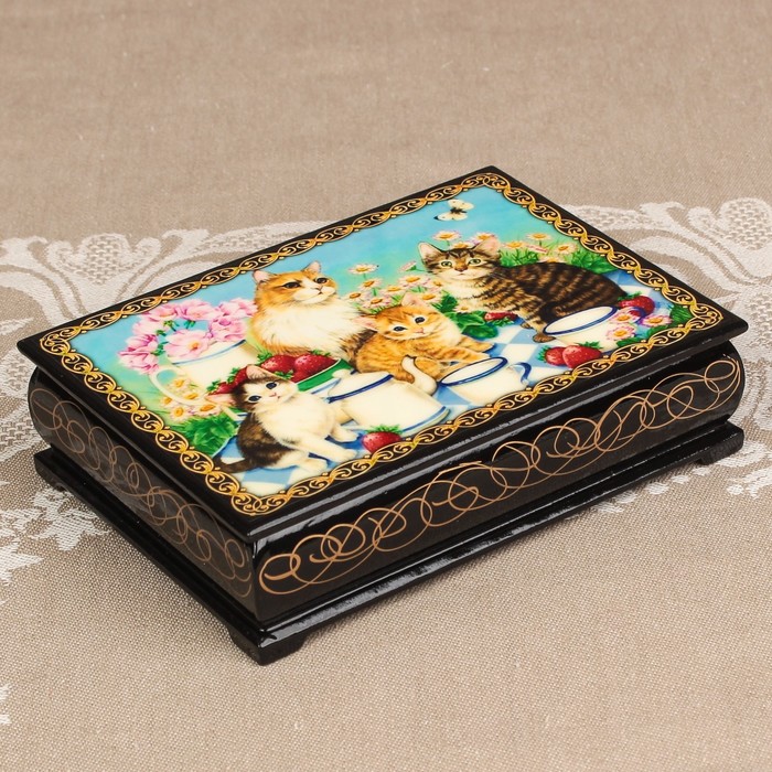Шкатулка «Кошки», лаковая миниатюра, 10х14 см