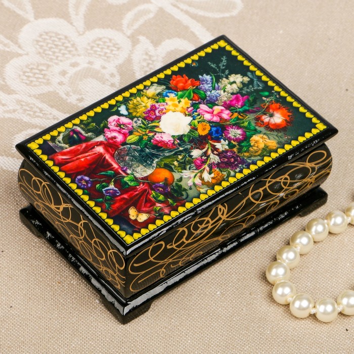 Шкатулка «Цветы 14», лаковая миниатюра, 6х9 см