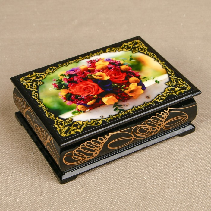 Шкатулка «Цветы 30», лаковая миниатюра, 8х10,5 см