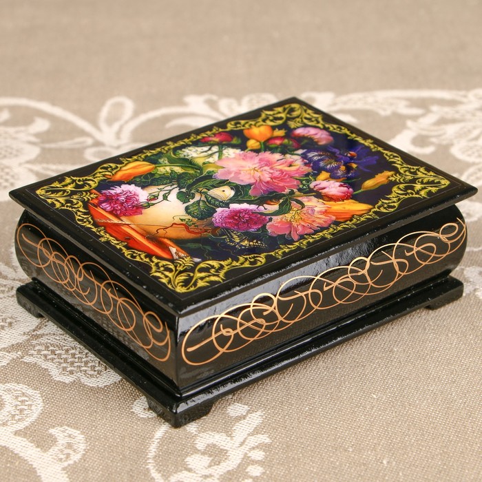 Шкатулка «Цветы 56», лаковая миниатюра, 8х10,5 см
