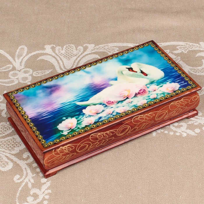 Шкатулка - купюрница «Лебеди», лаковая миниатюра, 9х17 см