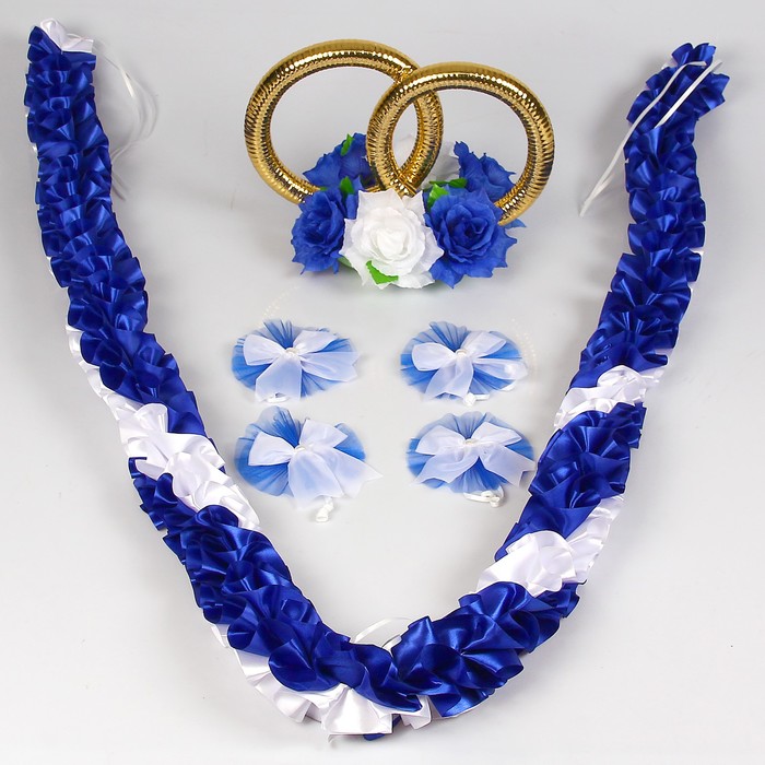 Набор на авто "№7": кольца на крышу/лента на капот углом 3 м/4 банта на ручки, синий