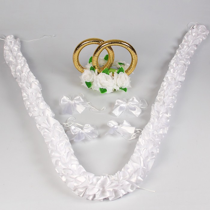 Набор на авто кольца на крышу/лента на капот углом 3м/4 банта на ручки, белый