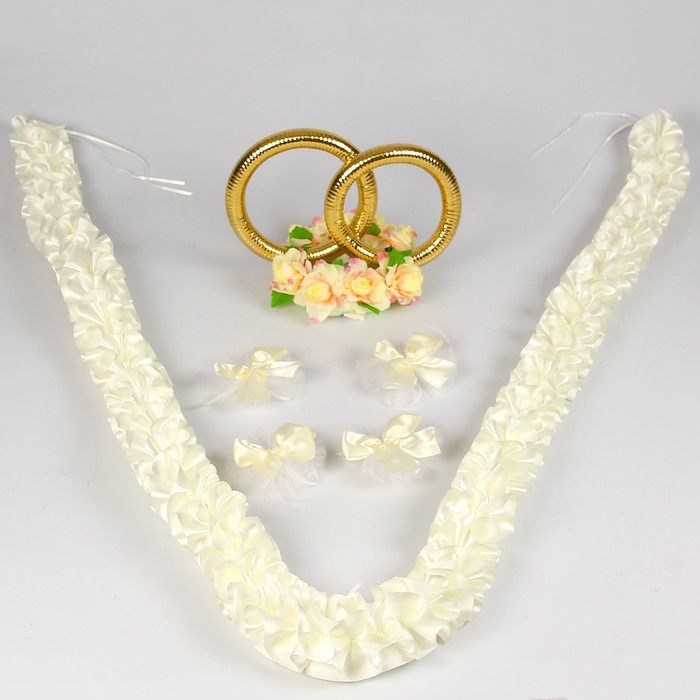 Набор на авто "№7": кольца на крышу/лента на капот углом 3 м/4 банта на ручки, айвори