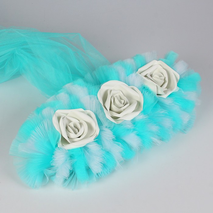 Набор из букета с большими латексными цветами с фатином + фата по капоту 2,3 м мята