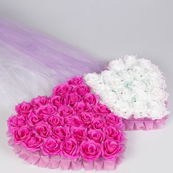 Набор сердец на решетку рад-ра с цветами+двойная фата по капоту+бант на зеркало сиреневый