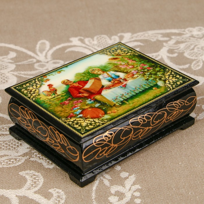 Шкатулка «Жанровая композиция 3», лаковая миниатюра, 8х10,5 см
