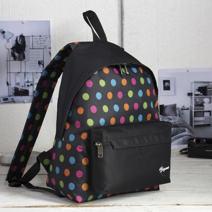 Рюкзак молодёжный, отдел на молнии, наружный карман, цвет чёрный/цветной горох