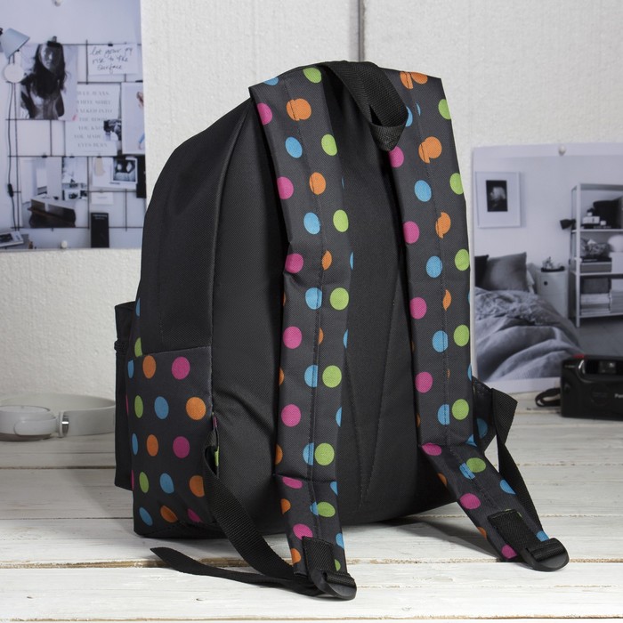 Рюкзак молодёжный, отдел на молнии, наружный карман, цвет чёрный/цветной горох