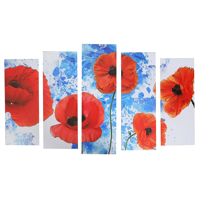 Модульная картина "Красные маки"  80х25, 71х25, 71х25, 63х25,63х25,  125*80 см