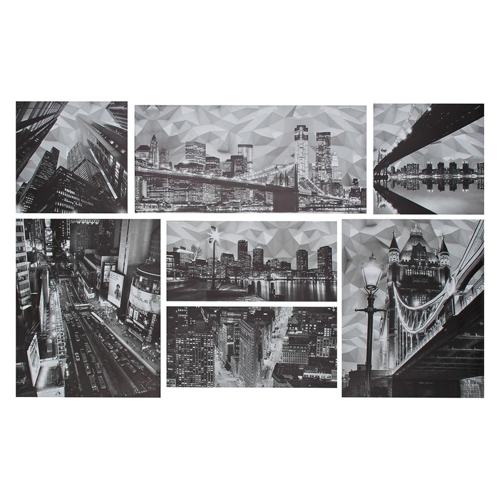Модульная картина "Чёрно-белый город" (2 — 30 х 30 см; 2 — 38 х 47 см; 2 — 45 х 22 см; 1 — 61 х 30 см)
