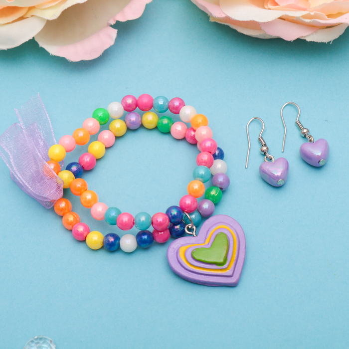 Набор детский "Выбражулька" 2 предмета: серьги, браслет, сердечки радужные