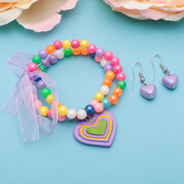 Набор детский "Выбражулька" 2 предмета: серьги, браслет, сердечки радужные