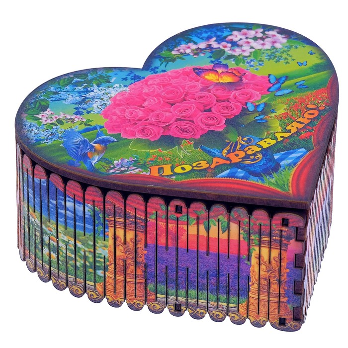 Шкатулка-сердце "Поздравляю" сердечки 12.5х12х5.5см