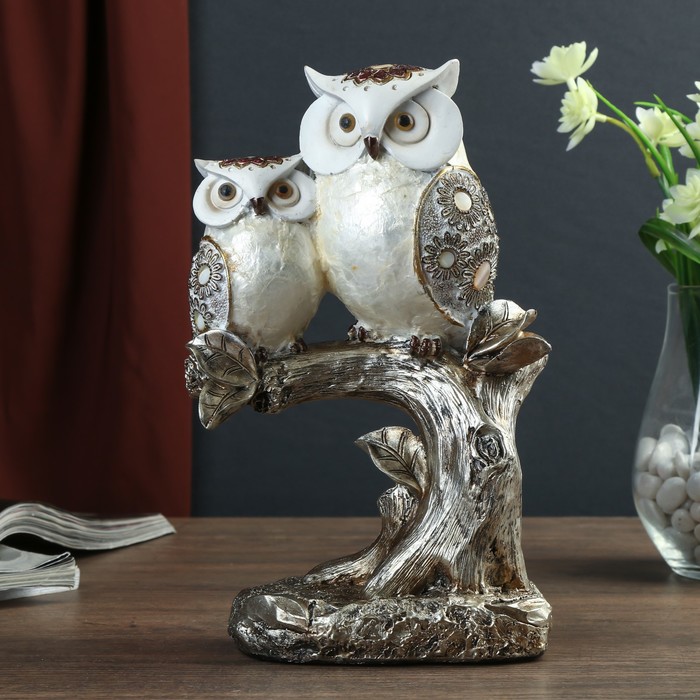 Сувенир полистоун "Совушки жемчужные с цветами на крыльях на дереве" 24х15х8 см