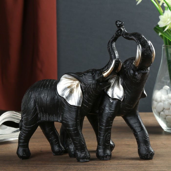 Сувенир полистоун "Два слона африканских чёрных" серебряные ушки 18х19х9 см