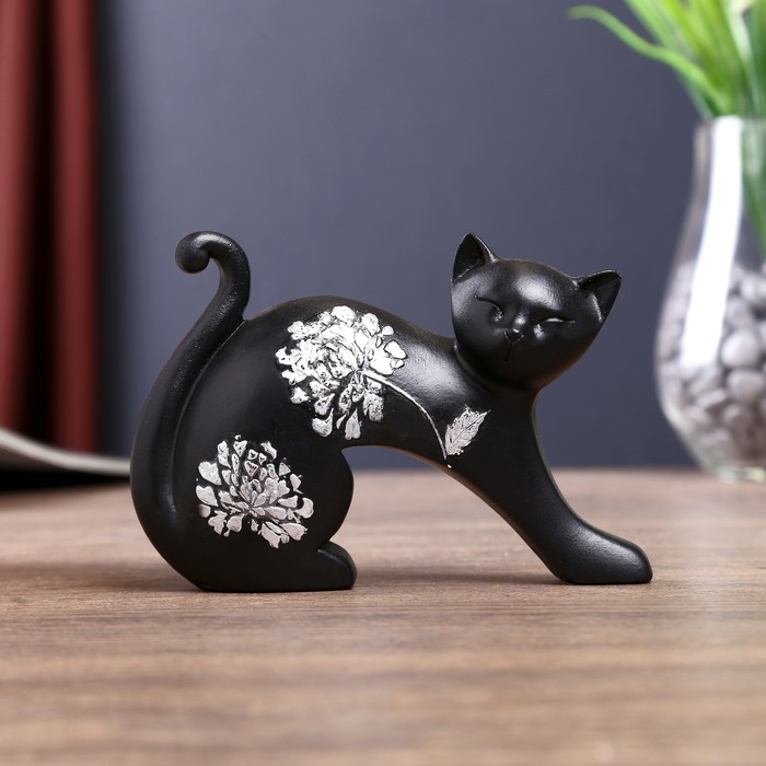 Сувенир полистоун "Чёрная кошка" серебряный цветок 8,5х12х3,5 см