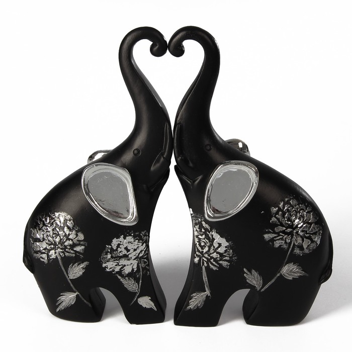 Сувенир полистоун "Чёрные слоны с серебр. ушками" серебряный цветок (набор 2 шт) 17х5,5х17 см 260066