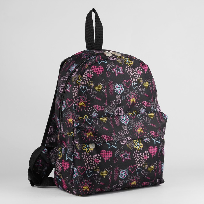Рюкзак молодёжный, отдел на молнии, наружный карман, цвет чёрный/звёзды/сердца