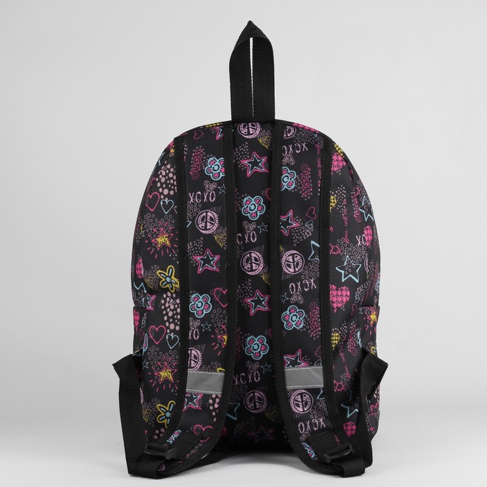 Рюкзак молодёжный, отдел на молнии, наружный карман, цвет чёрный/звёзды/сердца