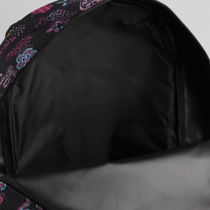 Рюкзак молодёжный, отдел на молнии, наружный карман, цвет чёрный/звёзды/сердца