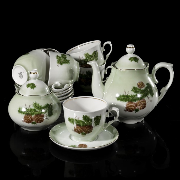 Сервиз чайный на 6 персон "Зимний день. Кедровая ветка", чашки 300 мл, отводка золотом