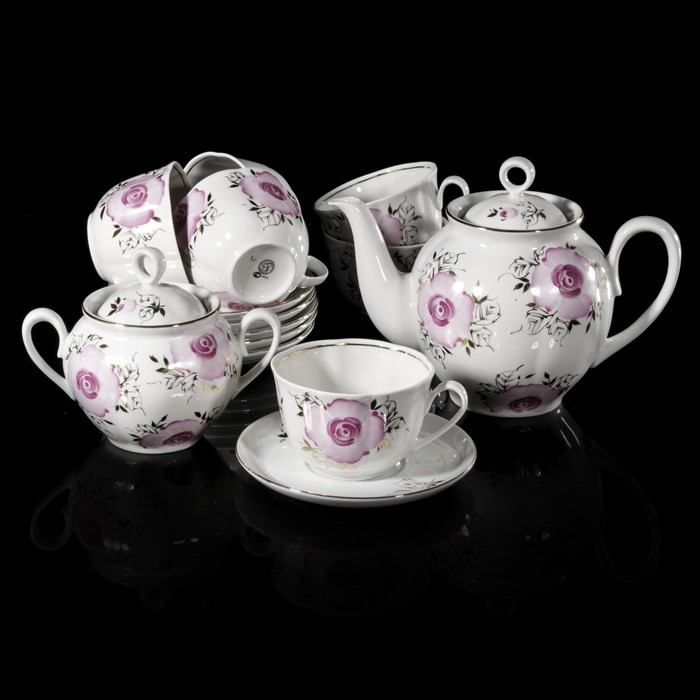 Сервиз чайный на 6 персон "Тюльпан. Розовые розы", чашки 240 мл, отводка золотом