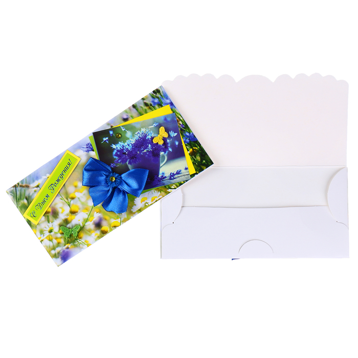 Конверт для денег "С Днем Рождения!" синий бант, ручная работа