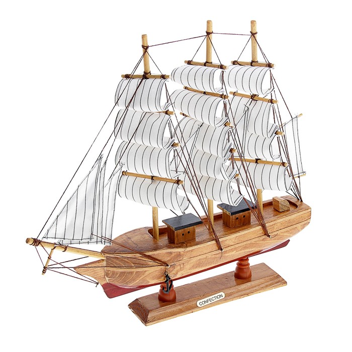 Корабль сувенирный средний «Трёхмачтовый», борта светлое дерево, паруса белые, 40 х 9,5 х 36 см