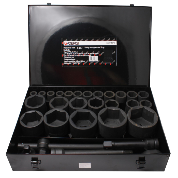 Набор инструментов Forsage F-68291MPB, 3/4", 1", головки ударные 6гр 17-90 мм, 29пр., кейс
