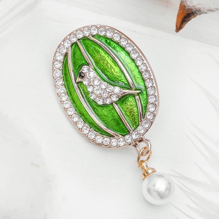 Брошь "Птичка в рамке", цвет бело-зеленый в золоте