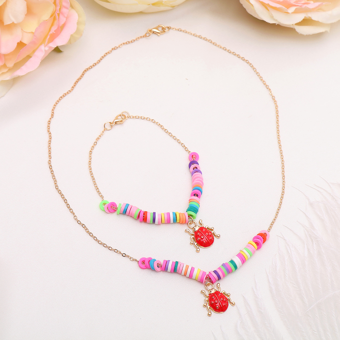 Набор детский "Выбражулька" 2 предмета: кулон, браслет, цветной в золоте, божья коровка