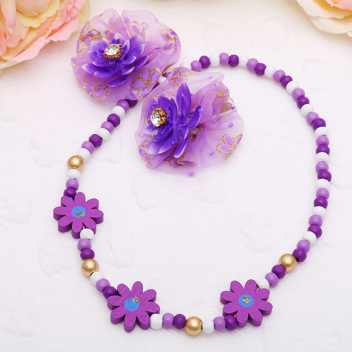 Набор детский "Выбражулька" 3 предмета: 2 заколки, бусы, лотос, цвет фиолетовый