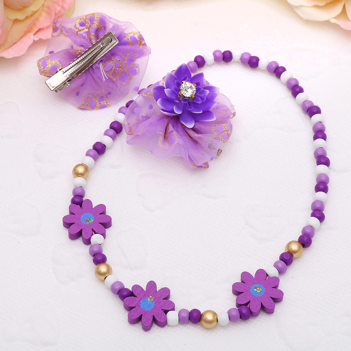 Набор детский "Выбражулька" 3 предмета: 2 заколки, бусы, лотос, цвет фиолетовый