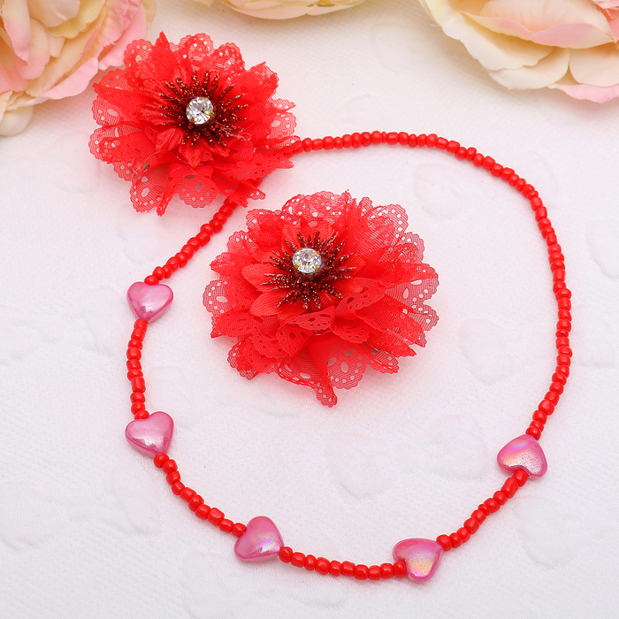 Набор детский "Выбражулька" 3 предмета: 2 заколки, бусы, мак, цвет красный