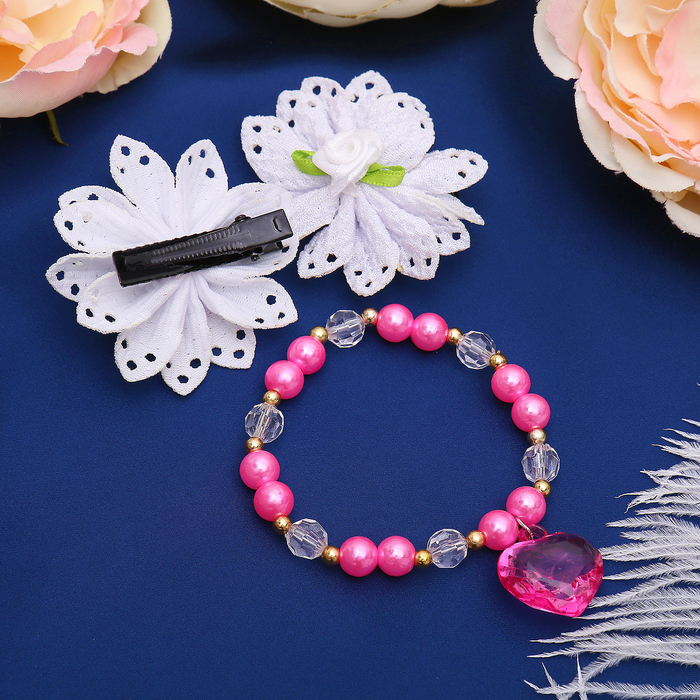 Набор детский "Выбражулька" 3 предмета: 2 заколки, браслет, розочки, цвет бело-розовый