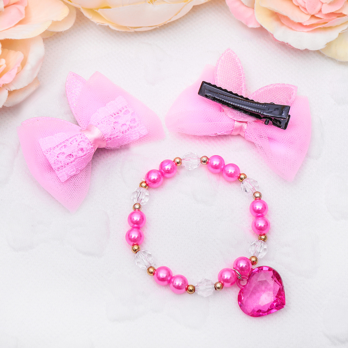 Набор детский "Выбражулька" 3 предмета: 2 заколки, браслет, зайчик, цвет бело-розовый