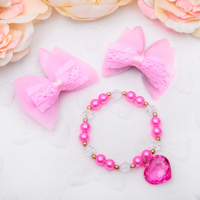 Набор детский "Выбражулька" 3 предмета: 2 заколки, браслет, зайчик, цвет бело-розовый